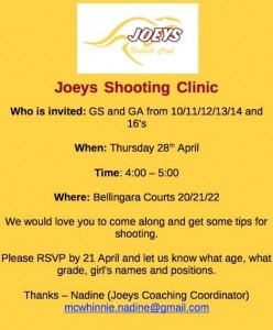 Joeys Netball Clinic 28 April 2016